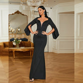 Elegant Long Sleeved Long Knitted V neck Annual Meeting Hip Wrapped Evening Dress Bridesmaid Dress for